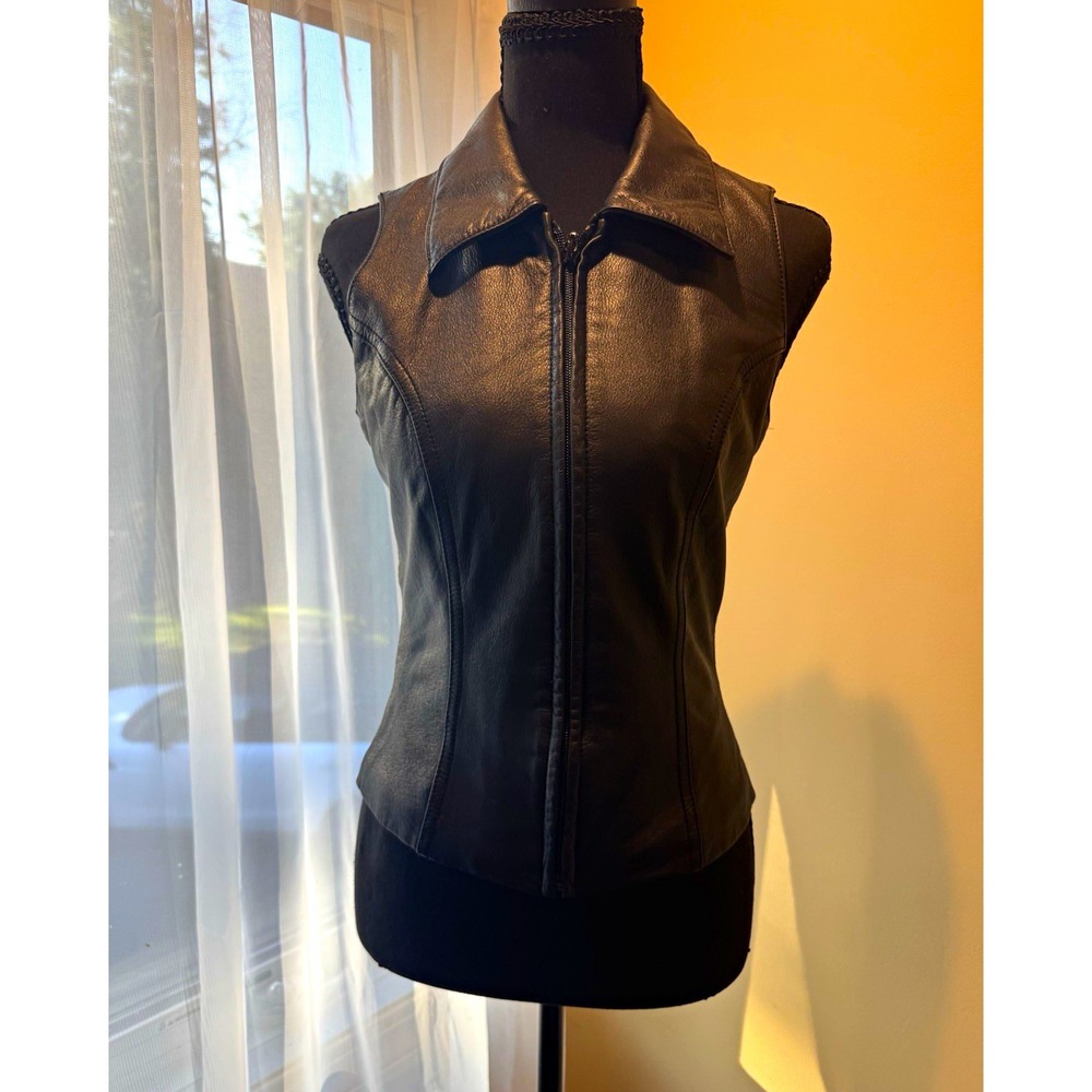 Maxima Wilsons Black Leather Full Zip Collared Sleeveless Vest Women's S